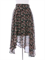 楊柳シフォン花柄アシンメトリースカート/ブラック