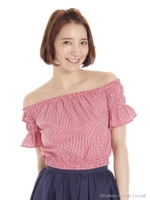 ギンガムチェックオフショルブラウス/レッド