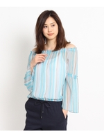 [L]〔洗える〕トロピカルエスニックオフショルブラウス/サックス(190)