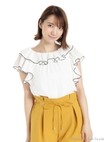 配色トリムボリュームフリル袖ブラウス/ホワイト