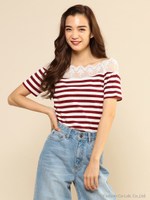 スカラレースボーダーカットトップス/ボルドー