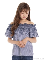 刺繍モチーフスカラップオフショルブラウス/ブラック