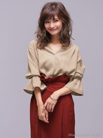 クロスレースボリューム袖ブラウス/キャメル