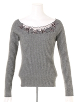 シアーデコルテモール刺繍ニット/ピンク