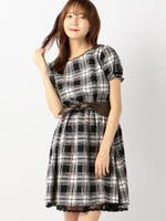 サッシュリボンベルトクラシカルチェックワンピース/シロ