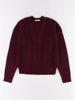 Vネックケーブルプルオーバー/ボルドー