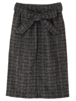 ・共ベルト付チェックミディタイトスカート/ブラック