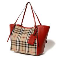 【新品】 トートバッグ カンター レザー パネル 26×27×14cm バーバリー y-001084 BURBERRY ベージュ×レッド レディース