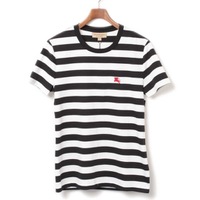 【新品】 ロゴ刺繍 クルーネック ボーダーTシャツ サイズXL XL バーバリー y-001379 BURBERRY ブラック メンズ