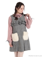 フェイクファーポケット付きチェックワンピ/ブラック