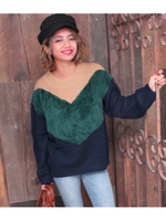 【CHILLE】配色ニット×ボアトップス/ブラック(027)