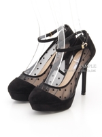 【R&E】ドットレースアンクルストラップ付パンプス/ブラックコンビ