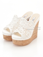 【R&E】コルクハイウェッジスカラップレースワイドカバーサンダル/ホワイト