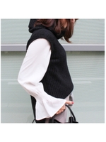 袖ラッフルハイネックリボンブラウス/ブラック