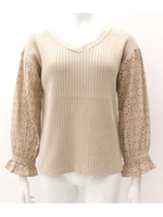 【Alluge】レーススリーブリブニット/ベージュ(005)