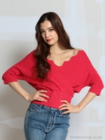 スカラップカシュクールニットトップス/レッド