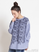 フラワーガーデン刺しゅう×先染めストライプブラウス/ブルー