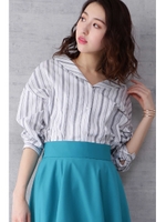 TCブロードブラウス ヌキ襟/ホワイト×ブルーランダム1(031)