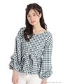 ギンガムチェックリボン袖タックブラウス/キャメル