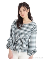 ギンガムチェックリボン袖タックブラウス/キャメル