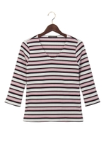 マルチボーダー リブ Vネック 7分袖/オフホワイト/ピンク