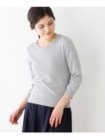 【洗える】メタルビジュー 編み柄ニット/ライトグレー(011)