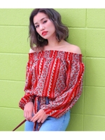 【CHILLE】裾リボン柄オフショルトップス/レッド(025)