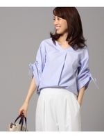 【洗える】シャーリング袖ストライプシャツ/ライトパープル(381)