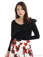 ラッフルフリル付きカットソー/ブラック