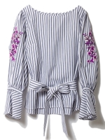 ストライプ刺繍ブラウス/ブルー