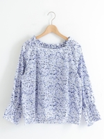 フリルカラーコットンフラワーブラウス/ブルー柄