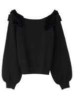 【ニット】ベロア肩リボンオフショルニット/ブラック