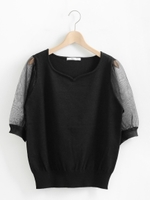 袖透けハートネックニット/ブラック