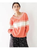 配色ボーダーVネックニット/ライトオレンジ(066)