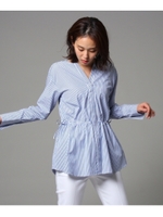 [L]【洗える】ドロストストライプシャツ/ブルー(692)