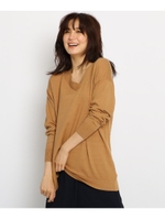 [S]Vネック長袖ニット/サンドベージュ(053)