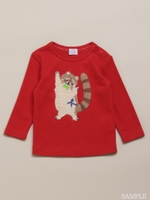 [ベビー]あらいぐまラッキーあみあみ付き長袖Tシャツ/レッド