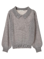 ・衿ビジュー付きニットプルオーバー/杢ライトグレー