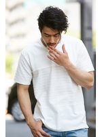 【AZUL BY MOUSSY】タック天竺フライス切替半袖Vネックプルオーバー/WHT