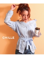 【CHILLE】イレギュラーカットウエストリボントップス/ブルー(019)