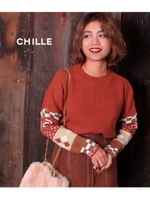 【CHILLE】袖マルチ柄ニットトップス/レンガ(068)