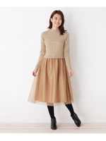 【洗える・42(LL)WEB限定サイズ】ニット×チュールドッキングワンピース/ベージュ(052)