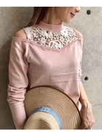【洗える】オープンショルダーレースニット/ピンク系(070)