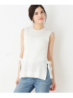 【洗える】サイドリボンスリット入りノースリーブニット/ホワイト系(002)