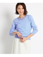 【洗える】ジュエルネックニット/ライトブルー(091)