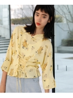 【洗える】ブーケフラワーレースアップシャツ/イエロー(032)