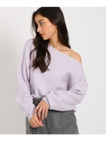 アシンメトリーネックリブニット/パープル(080)