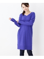 ウール混Vネックケーブルニットチュニック/ライトブルー(091)