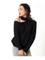 ケーブル編みアシンメトリーチョーカートップス/ブラック(027)