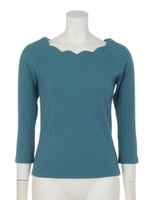 スカラネックリブ7分袖カットソープルオーバー/ブルーグリーン